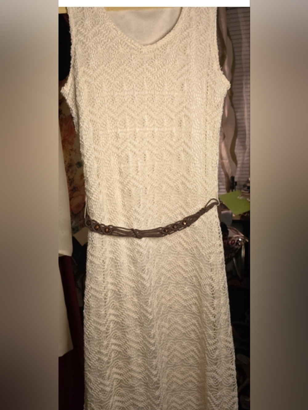 Cream/White Knit Dress With Brown Belt